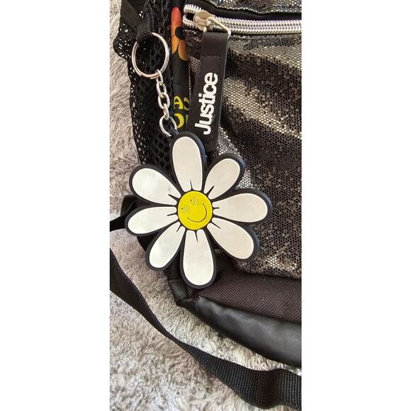 Justice Backpack EST.2004 Rainbow Peace Good Vibes Daisy Keychain Glitter Smiley - Picture 3 of 6